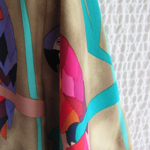 100% Silk Shirt Top Blouse M Vintage 80s Tropical Bird Parrots Ann May Wrap - Picture 9 of 11
